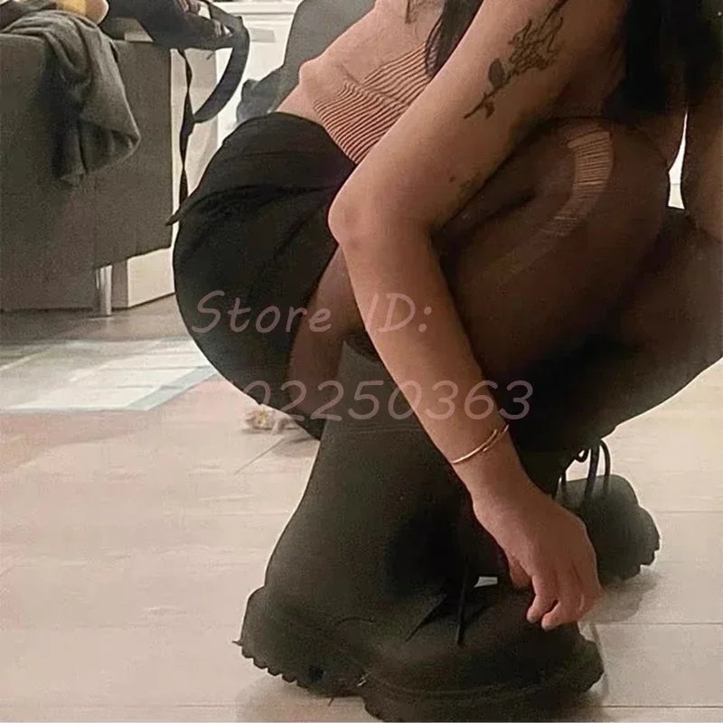 Black Matte Leather Thick-soled Work Boots Round Toe Cross-tied Mid-calf Boots 2024 new Men and Women Big Head Short Shoes