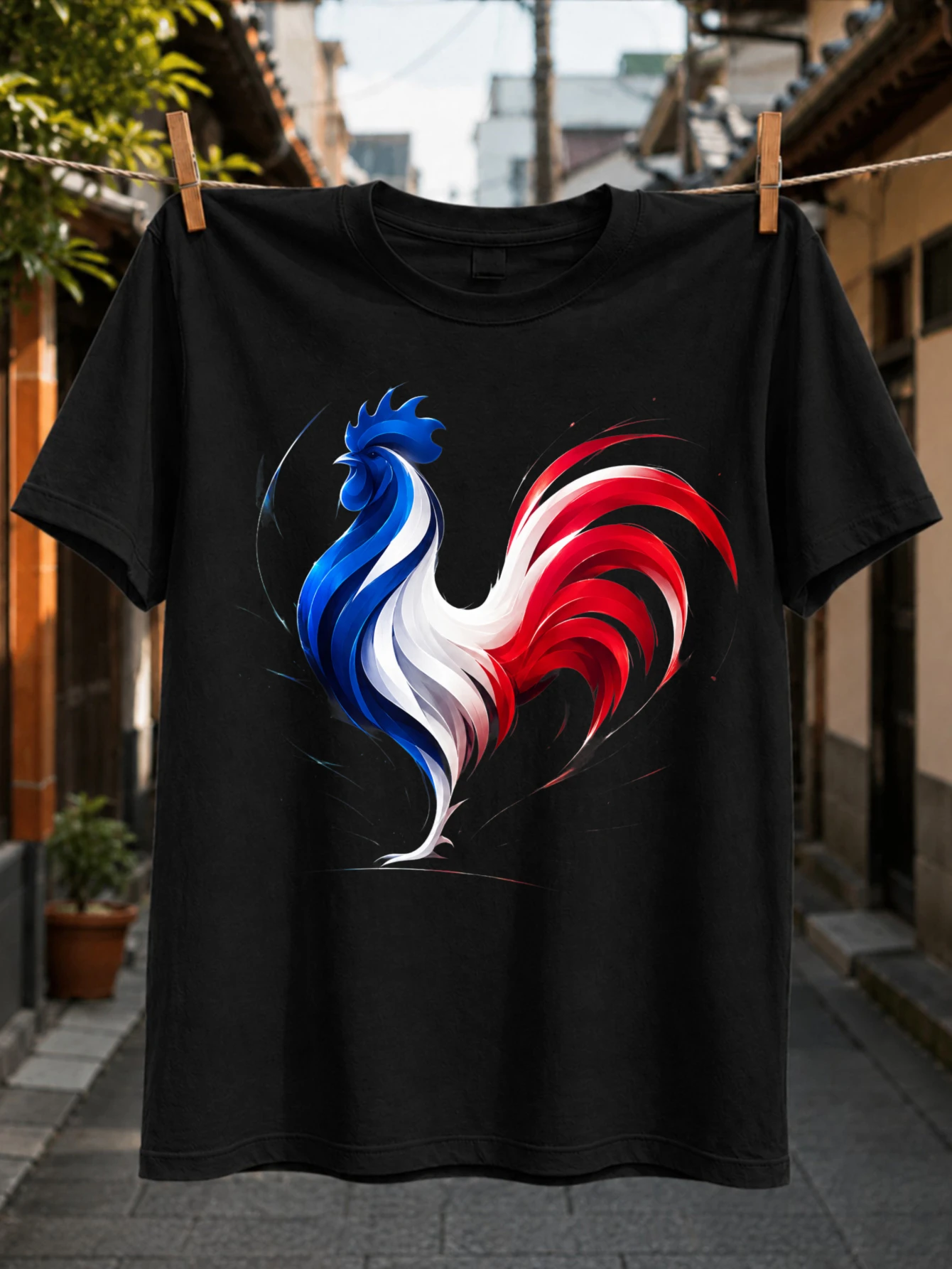 France Rooster Tricolor Brush Tee stylized rooster with blue  red French Fl-ag swooshes patriotic  Unisex All T-Shirt