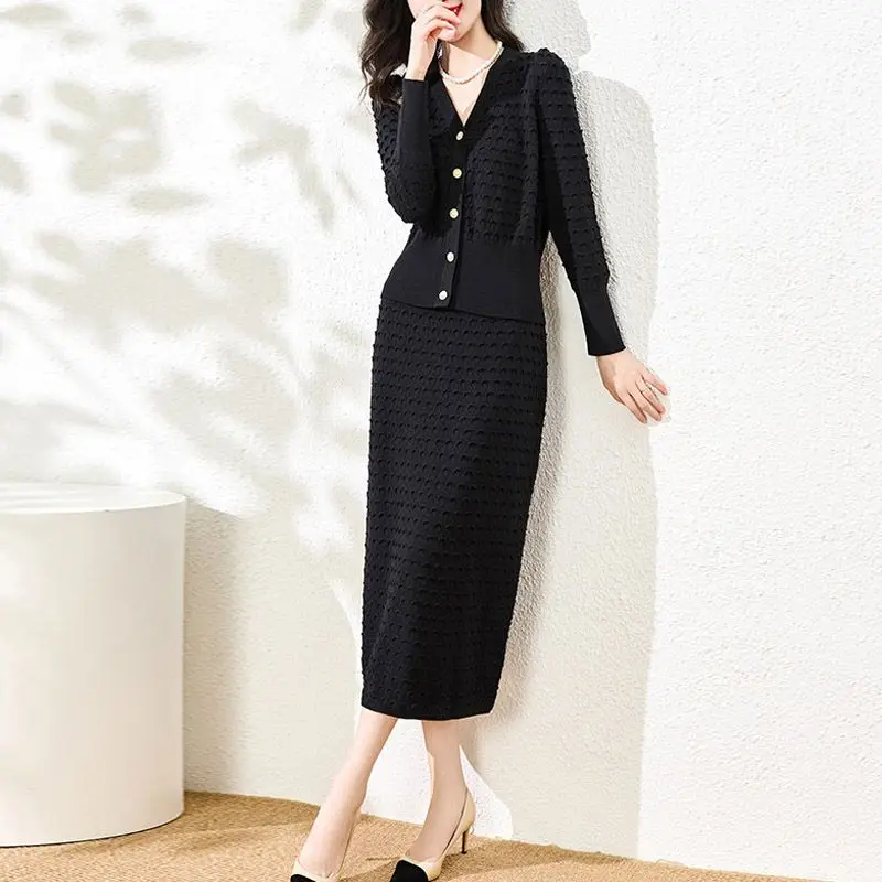 Temperament Knitted Outfits Women's 2023 Spring Autumn Fashion Elegant Cardigan Jacket High Waisted Skirt Two-piece Set