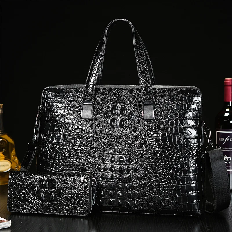 

Real leather crocodile briefcase men's suitcase bag Business bag double zipper shoulder luggage bag head layer cowhide handbag