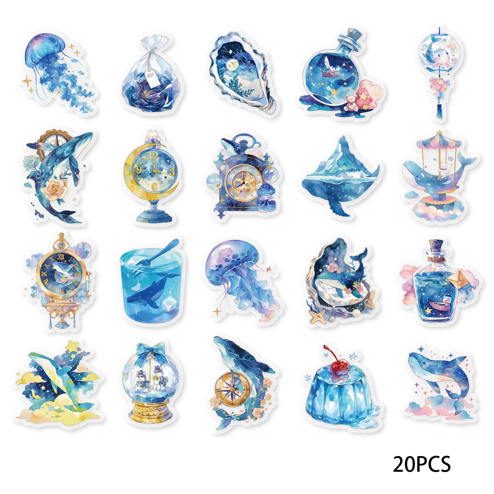 20pcs Blue Whale Tidal Pattern Decal for Notebooks, Water Bottles, Suitcases, Guitars, Handmade Scrapbooks, Kids Stickers