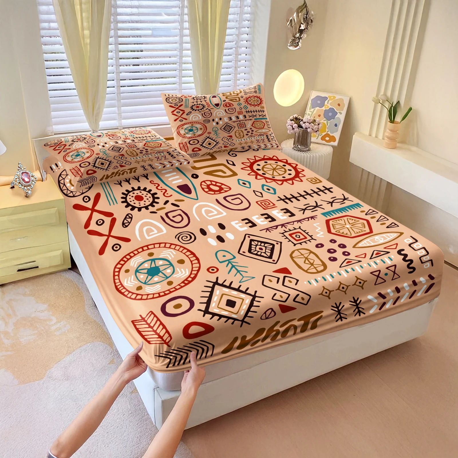 Boho Tribal Ethnic Geometric Printed Fitted Sheet Set 3 Pieces Vintage African Totem Pattern Elastic Deep Pocket Mattress Cover
