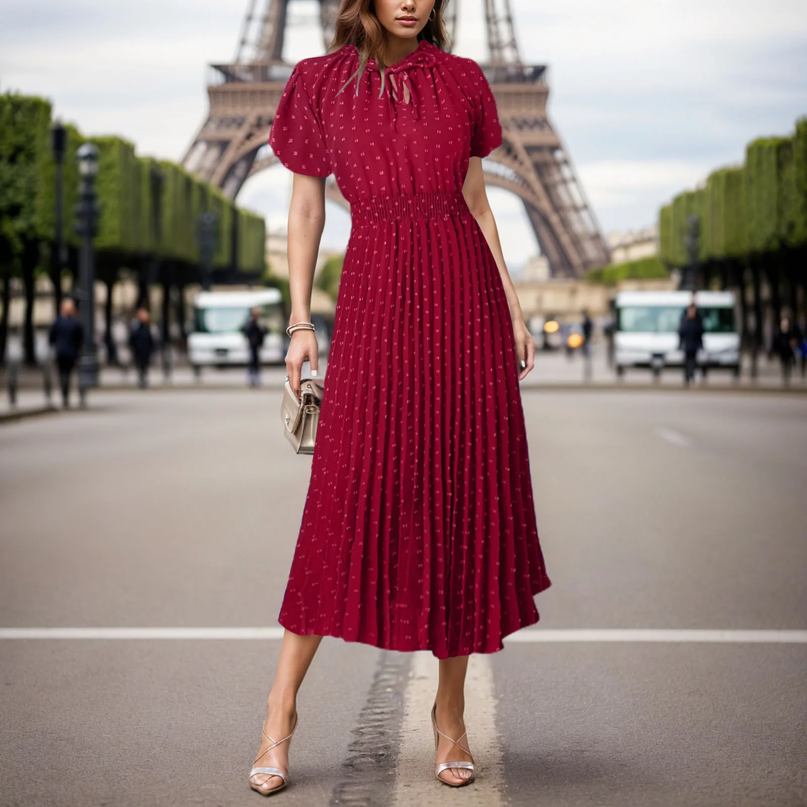 

Women's Dot Print Midi Dress Pleated Casual Elegant Short Sleeve Temperament Fashion A Line Dresses Ladies Vestidos Clothing