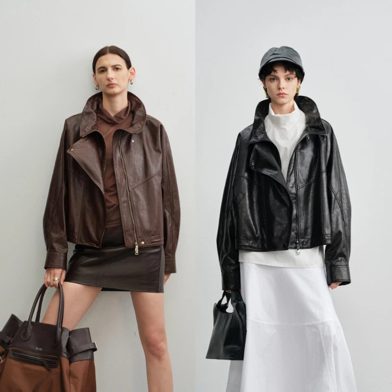 YOLANFAIRY vera giacca di pelle di pecora donna autunno colletto alla coreana vintage sciolto marrone scuro/nero giacca di pelle da motociclista femminile 2025