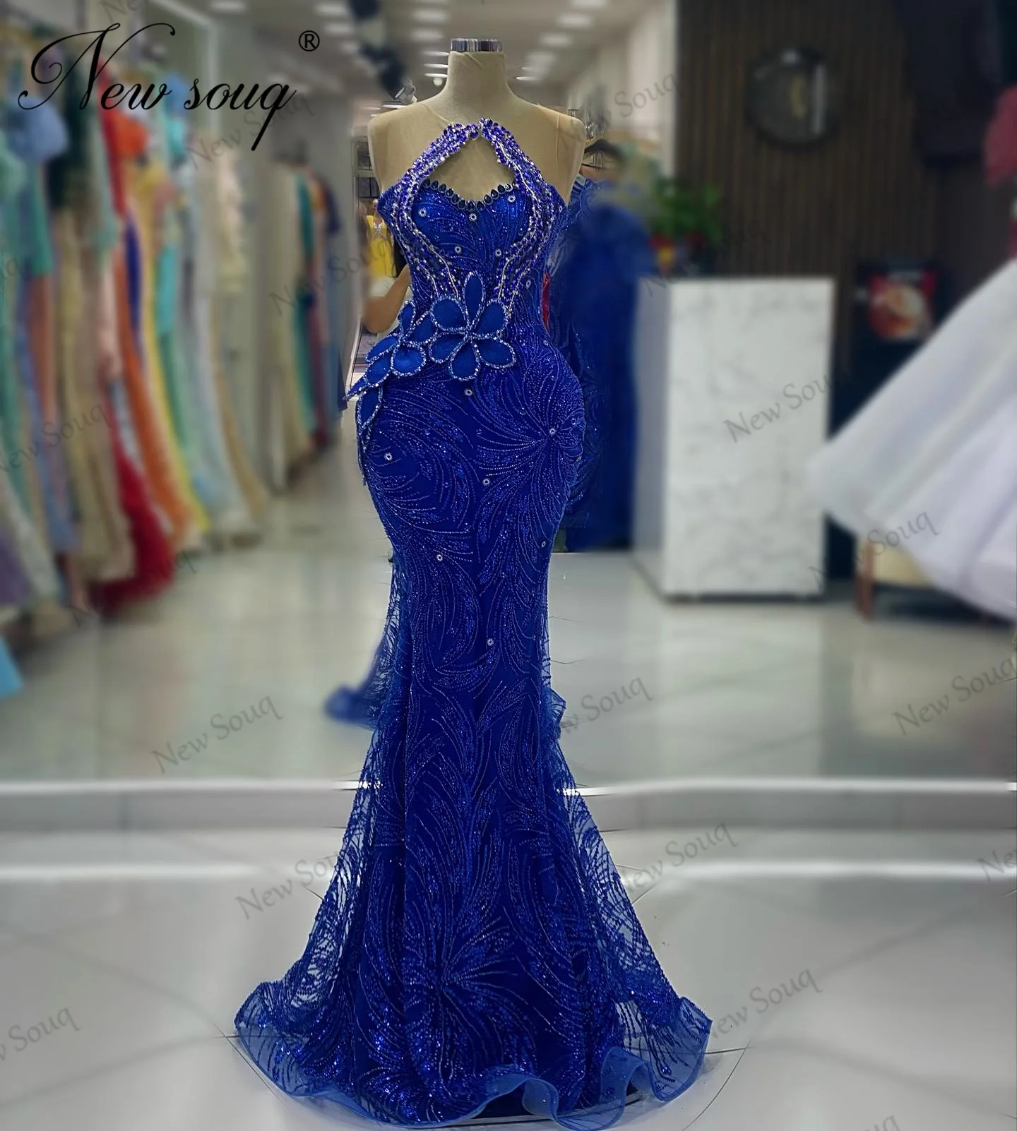 Royal Blue Mermaid Wedding Party Dresses Turkish Dubai Beaded Crystals Evening Gowns 2023 Arabic Halter Women Pageant Prom Dress