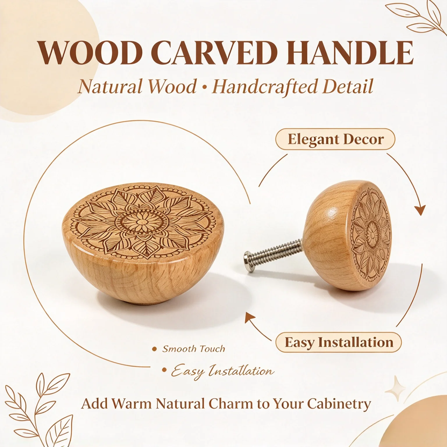 6PC Engraved Knob Single Hole Round Drawer Pulls Semi-spherical Solid Wood Handle for Wardrobe Closet Furniture Beech Wood