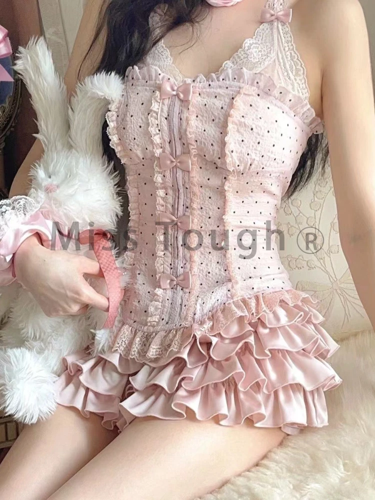 Y2k Lace Kawaii Tops+cake Skirt Set Women Bow Casual New Sweet 2 Piece Set Female France Korean Fashion Fairy Mini Skirt Suit