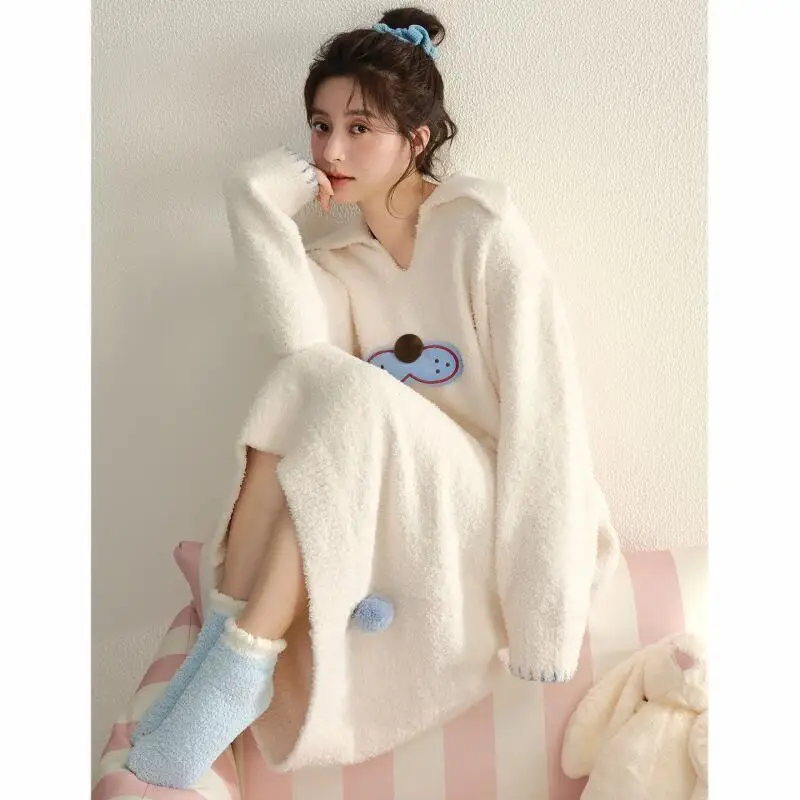 Pakaian Rumah Musim Dingin Gadis Kawaii, Dapat Dipakai Sebagai Pakaian Luar, Pakaian Tidur, Menjaga Kehangatan, Pakaian Tidur Tebal, Set Piyama Bulu Karang Lucu