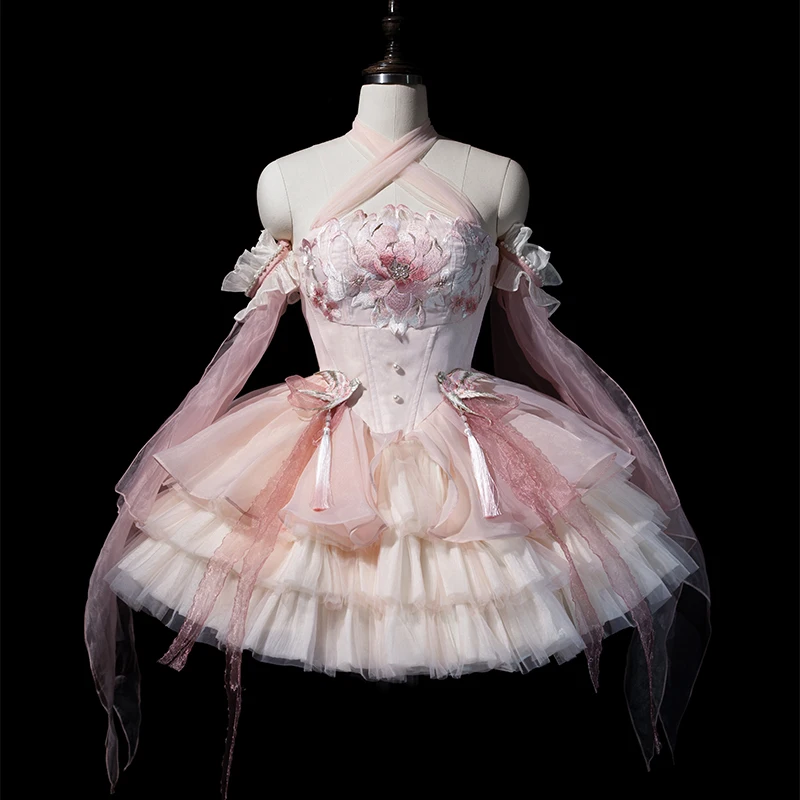 バレエスタイルドレス甘いプリンセスドレス女性中国風の花刺繍ネックチューブトップ魚の骨スリムメッシュドレス