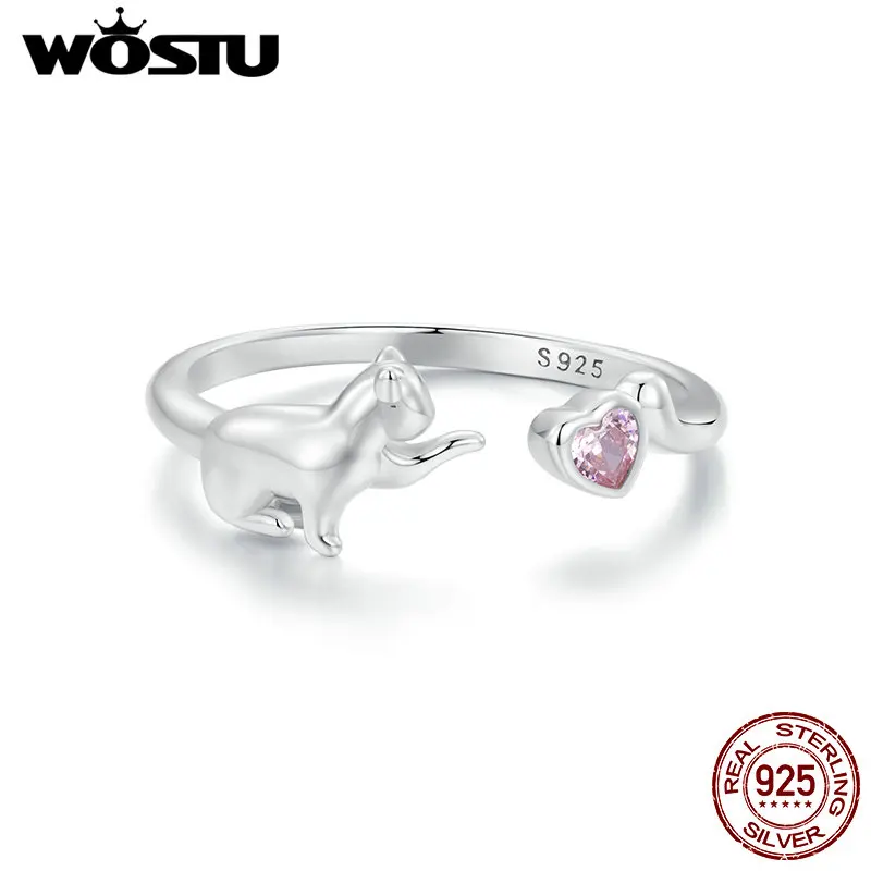 WOSTU 925 Sterling Silver Cat Open Ring With Pink Zircon Adjustable Kitty lovely Ring For Women Girl Daily Fine Jewelry Gifts