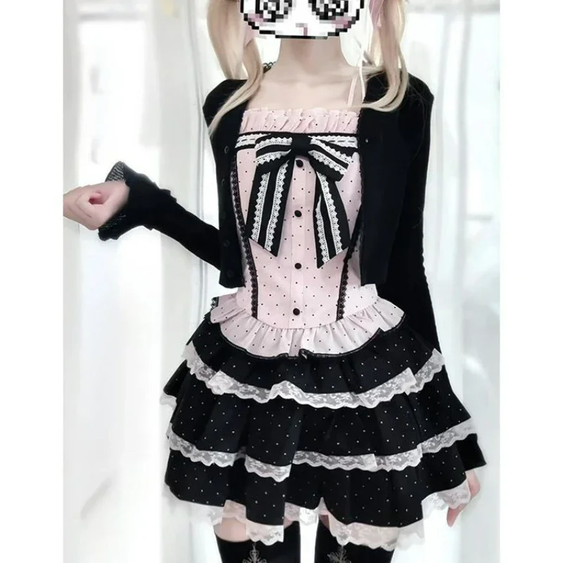 IMU Sweet Lolita Style 3 Piece Sets Women Vintage Short Cardigan Ruffles Bow Vest Polka Dot Print Mini Cake Skirts Femme Y2k Out