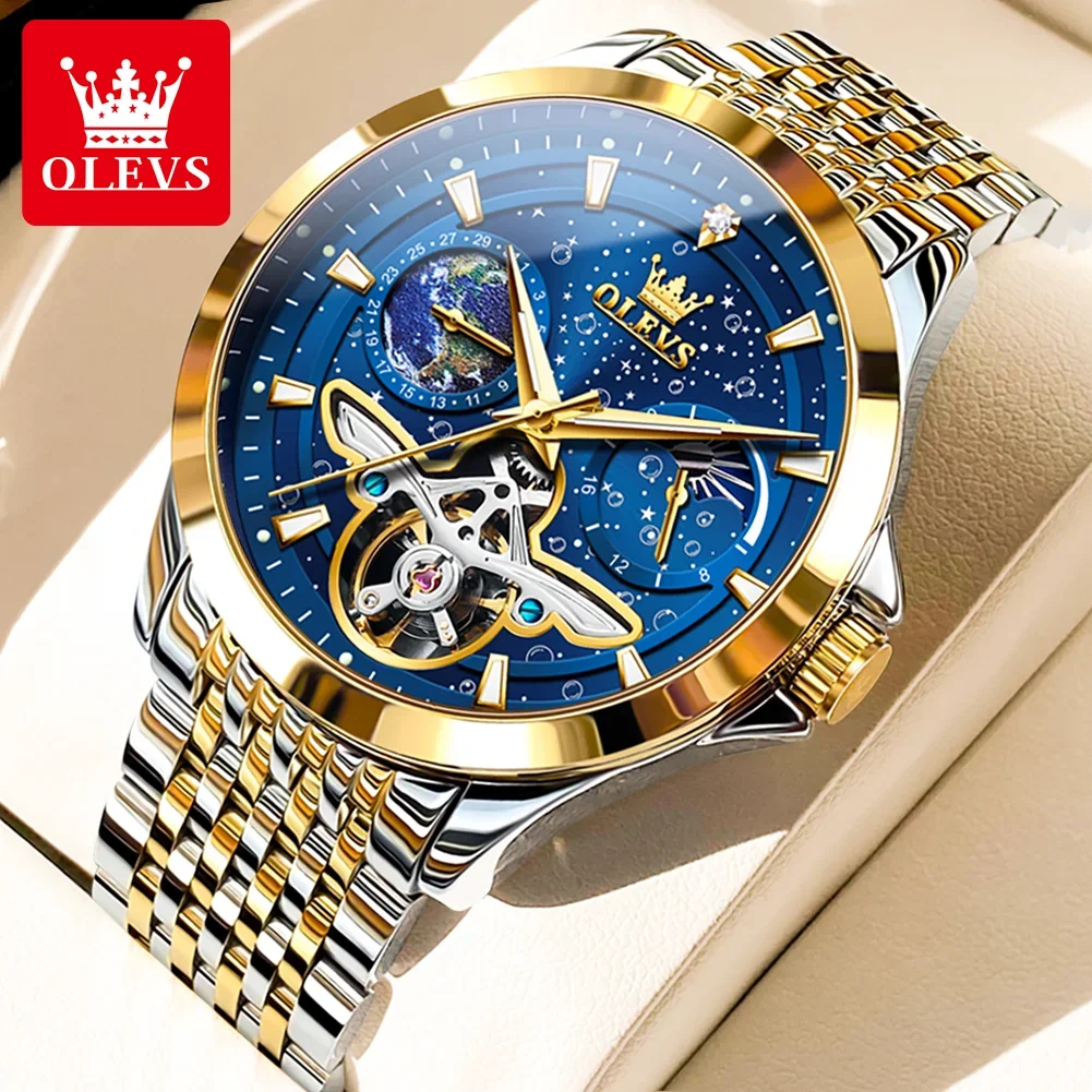 

OLEVS Business Watch for Man Classic Original Automatic Mechanical Male Wrist Watches Hollow Flywheel Moon Phase Dial Waterproof