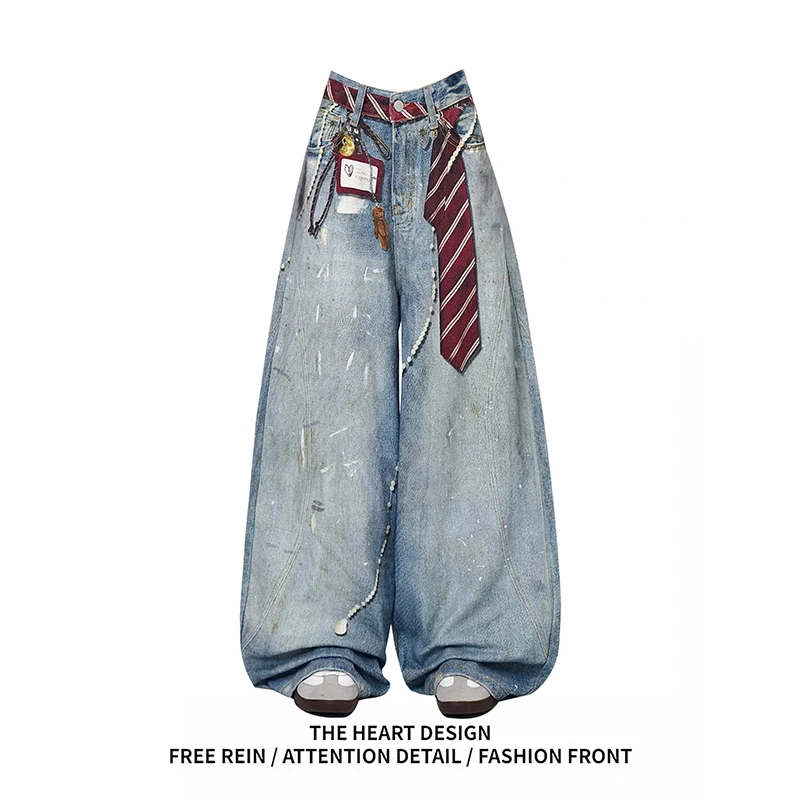 ZHIZOU Women Blue Y2k Baggy Jeans Harajuku VintageBent Knife Denim Trouser Aesthetic 2000s Style Jeans Pants Oversize Clothes