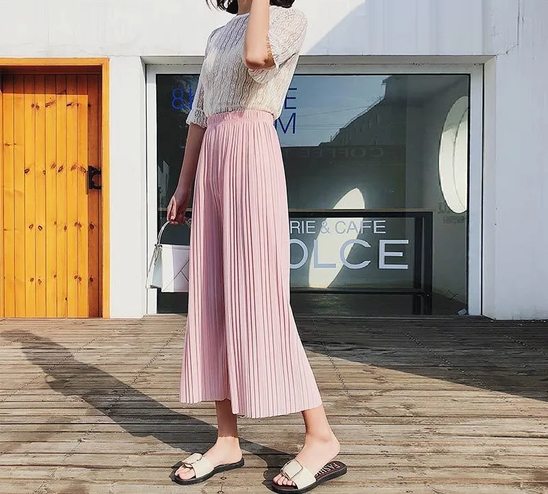 2023 Women Ladies Pleated Wide Leg Pants Summer Casual Loose Solid Chiffon Trousers Stretch Waist Boho Pants OL Pantalon Capris