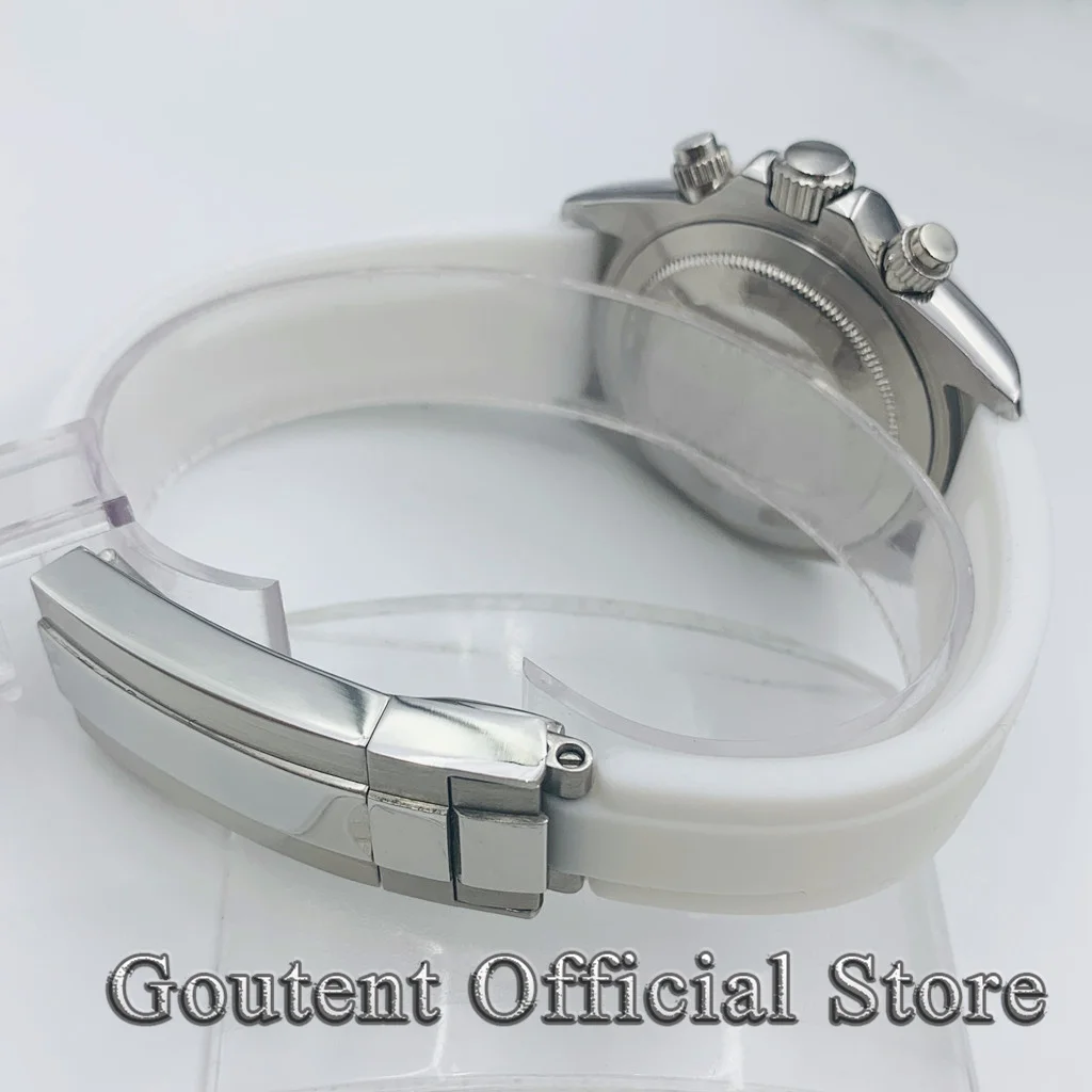 Goutent 40mm Silver Sapphire Crystal Quartz Watch Case White Rubber Strap Fit VK63 Movement Watch Accessories