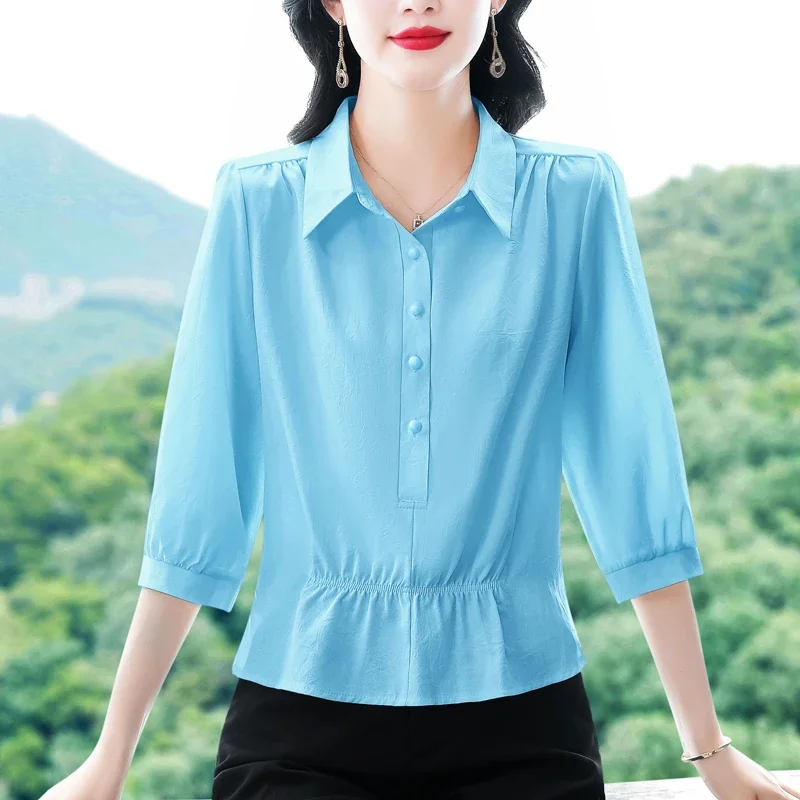 

Women Blue Silk Blend Collared Blouse 3/4 Sleeve Slim Fit Elegant Summer Casual Shirt