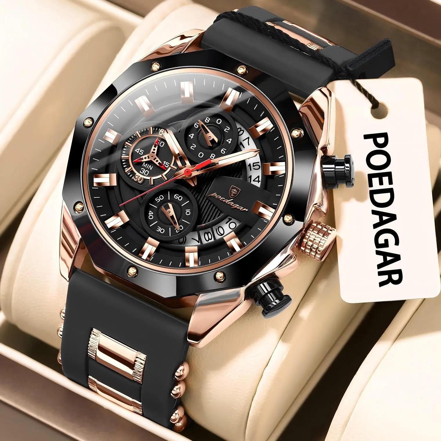 Reloj de pulsera POEDAGAR Original deportivo para hombre, Reloj cronógrafo con fecha luminosa resistente al agua, correa de silicona, relojes de cuarzo para hombre