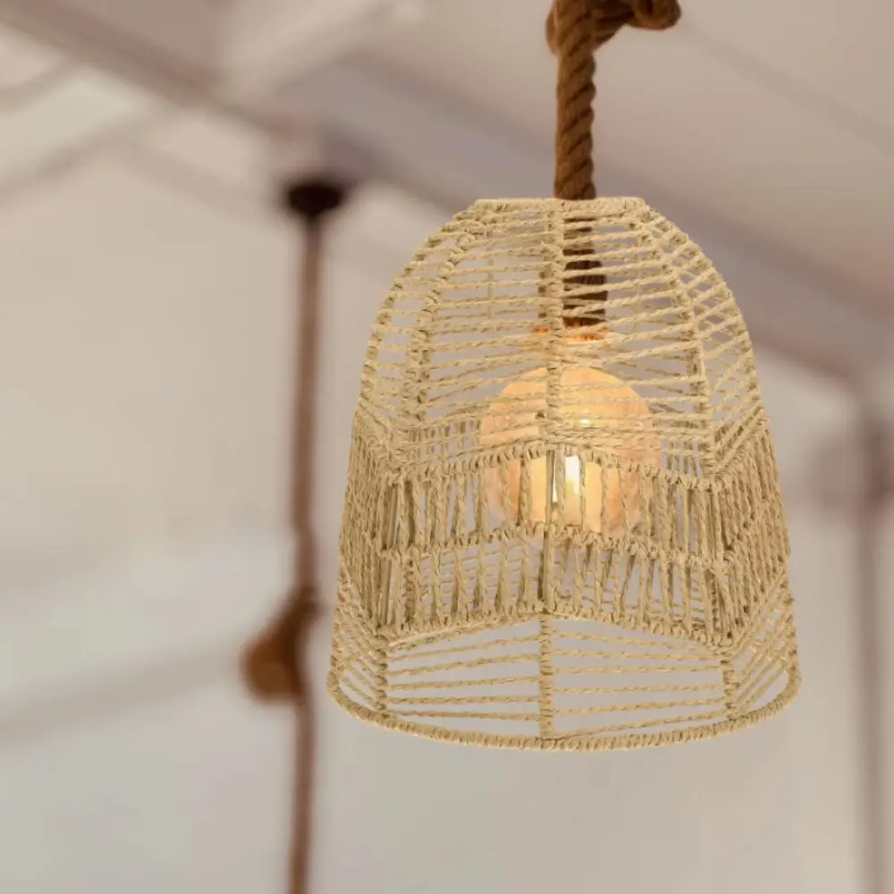 Handwoven Paper Rope Lamp Shade Hand-Woven Bamboo Natural Rattan Bamboo Lantern Pendant Lamp Minimalist Decorative Hanging Light