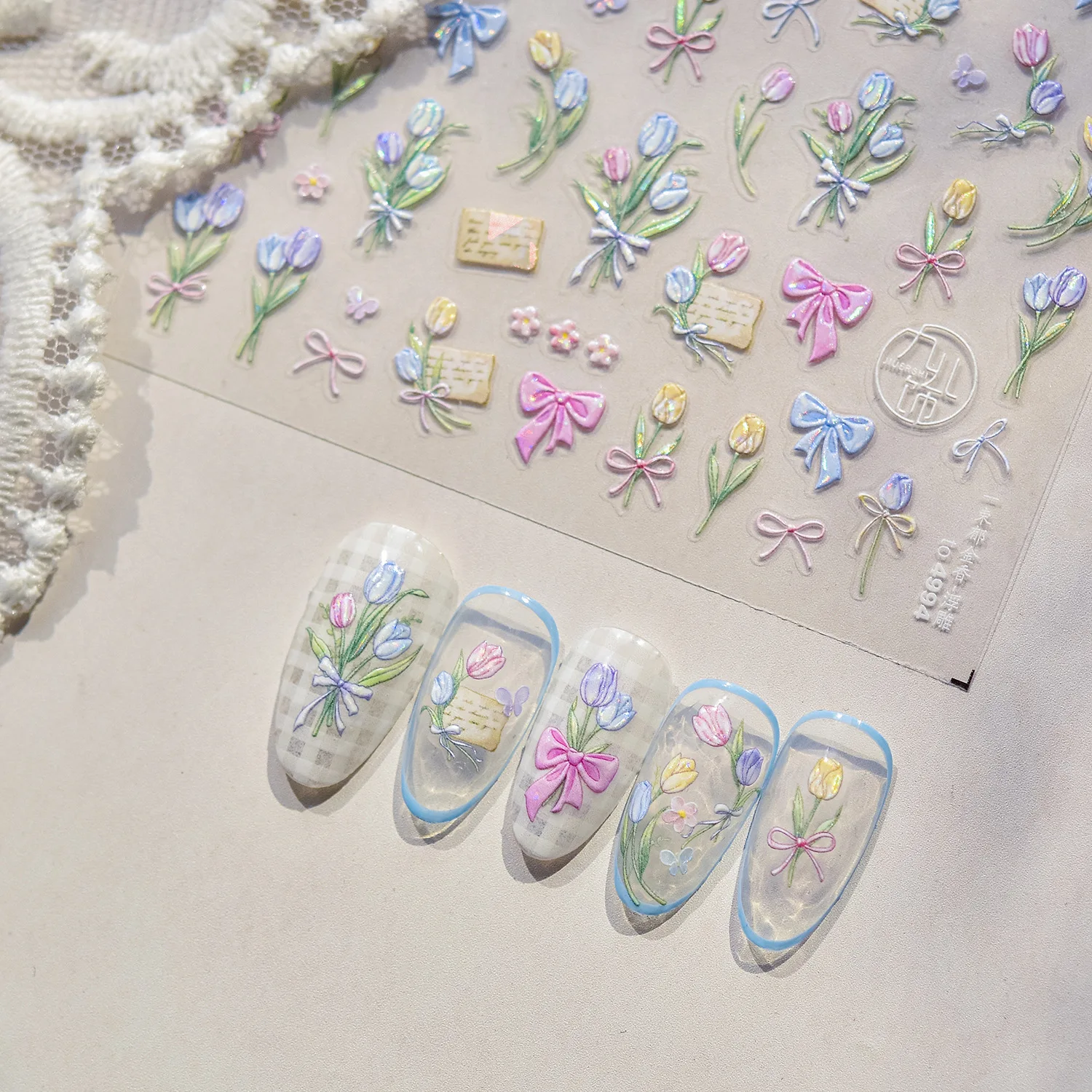 Exquisite 5D Relief Nail Stickers Spring Tulip Bow Self-adhesive Nail 3D Decoration Sticker DIY Flower Nail Art Accessory Decals