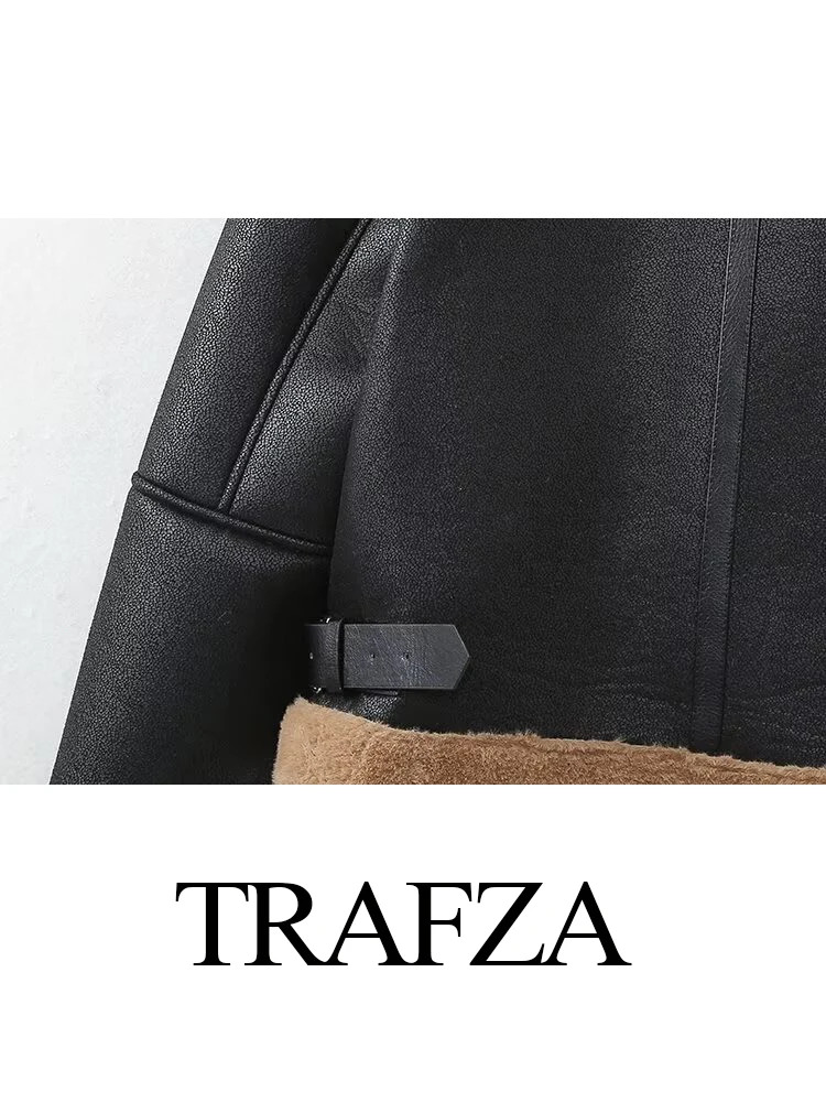 TRAFZA Women\'s Winter Fashion Versatile Reversible Short Leather Coat Female Long Sleeve High Street Pocket Zipper Warm Jacket