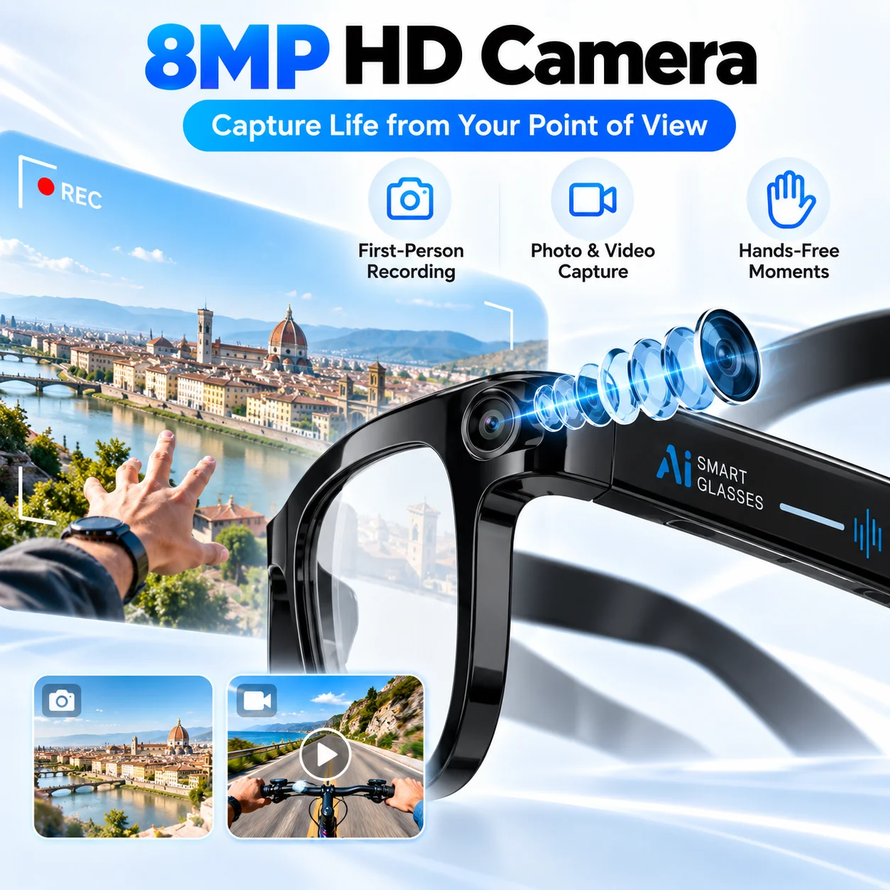 AI Smart Glasses with 8MP Camera, AI Translation, Visual Recognition, Open-Ear Audio, Bluetooth Calls & Music