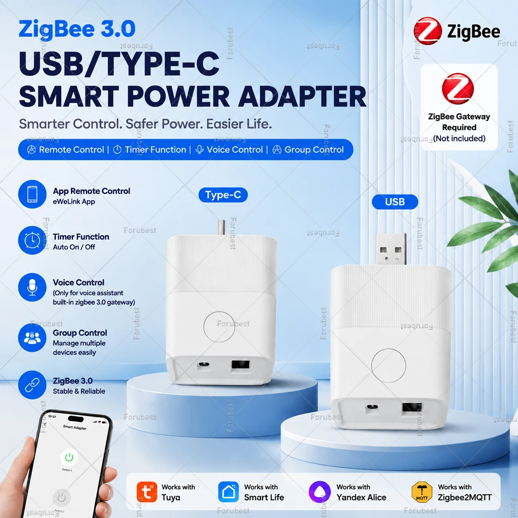 Tuya Zigbee Smart USB Adapter Switch Splitter Converter With USB/Type-C Charging Port Smart Life App Timing ON/OFF Control Z2M