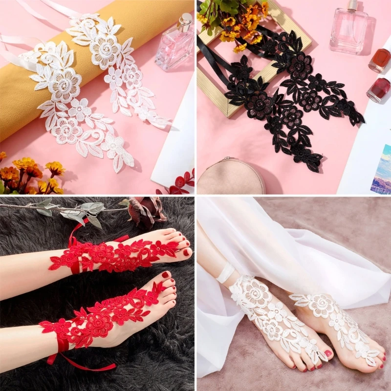 Sexy Lace Bridal Barefoot Sandals Floral Embroidery Anklet with Toe Ring Slave Anklet Summer Beach Foot Jewelry