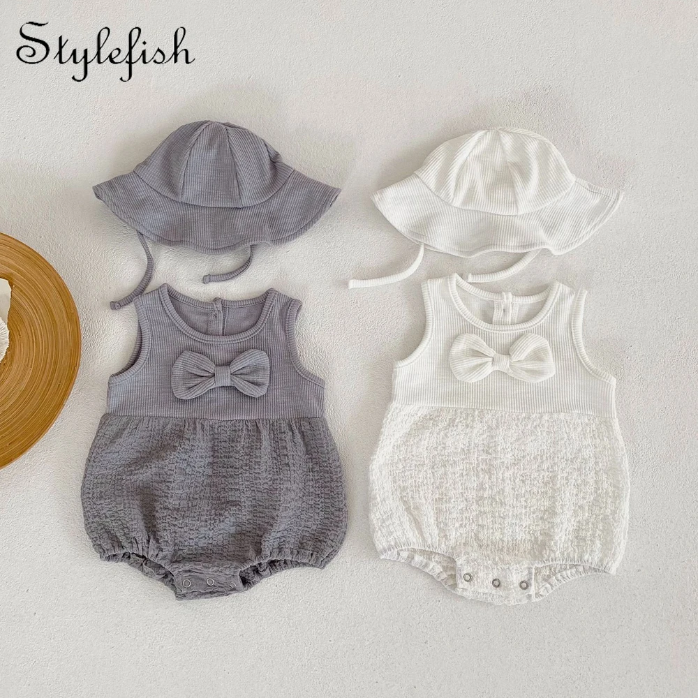 

Ins Korean baby romper summer baby clothes sleeveless 100% cotton one-piece clothes with hat suit newborn baby clothes