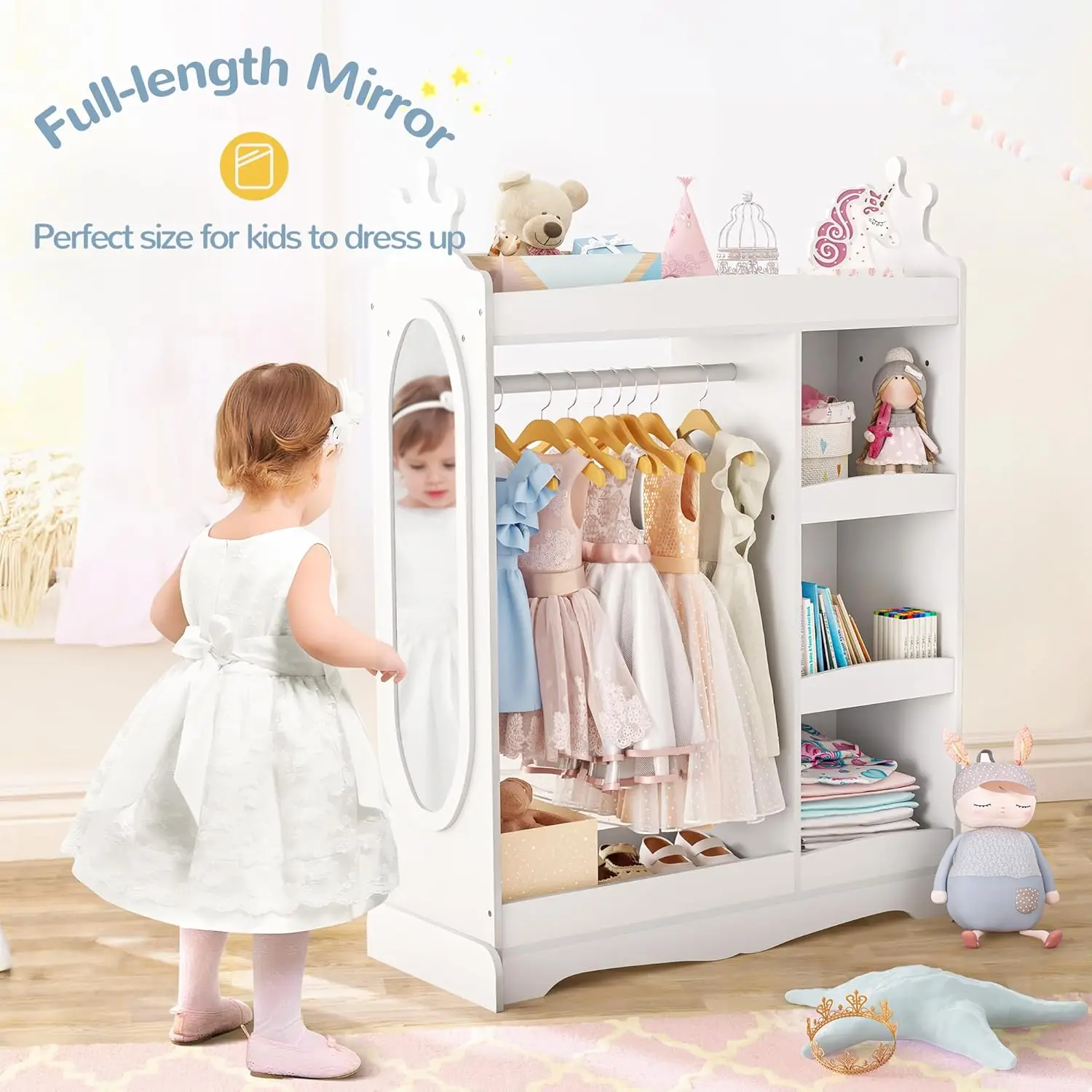 Kids Dress up Storage with Mirror, Wardrobe with 3 Hooks, Closet for Girls Boys, Armoire Costume Organizer for Be