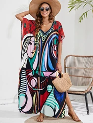 Plus Size Boho Cover Up, damska Plus abstrakcyjny nadruk twarzy rękaw w kształcie skrzydła nietoperza dekolt z dekoltem w szpic sukienka z rozcięciem Kaftan Maxi