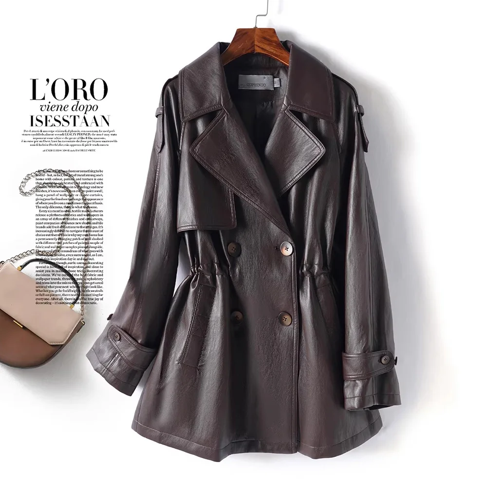 New Women Split Leather Trench Coat Spring Autumn Fashion Turn-down Collar Double Breasted Slim Waist Coat Casual Leather Trench