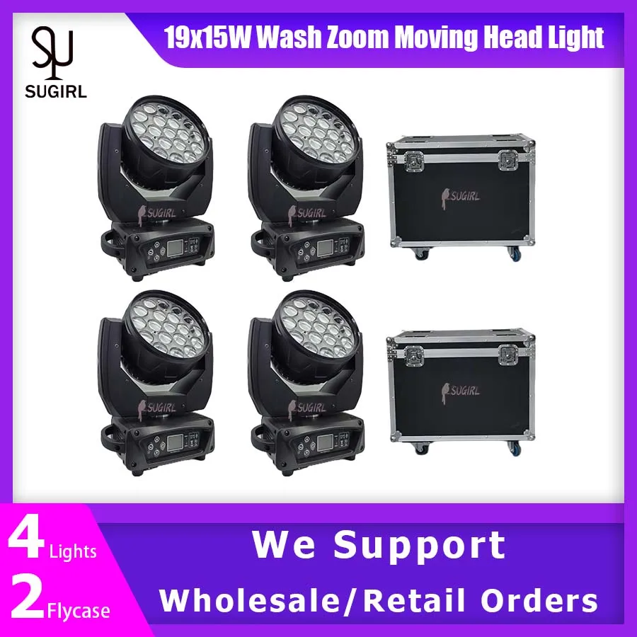 

0 налог 4 шт. Dmx512 19X15W Led Wash Zoom Rgbw Подвижная головка с 2 фонариками для сцены