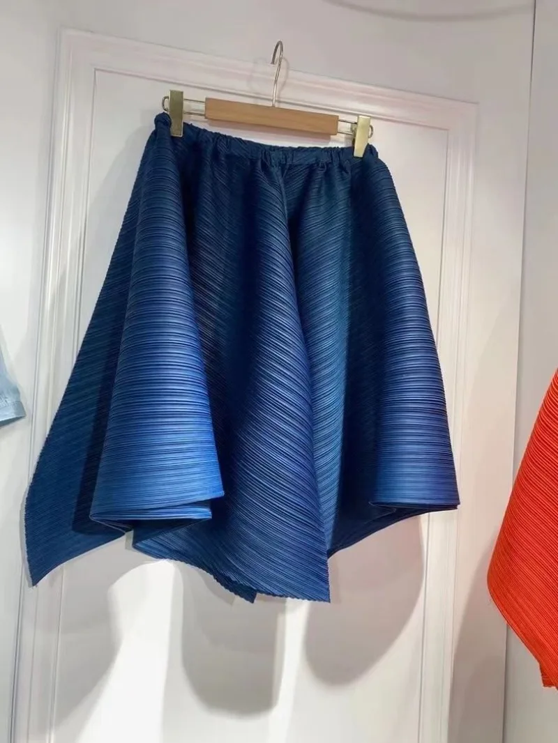 2026 New Summer Miyake Style Pleated Culottes Irregular Skirts Women Elastic High Waisted Korean Loose Wide-leg Pants
