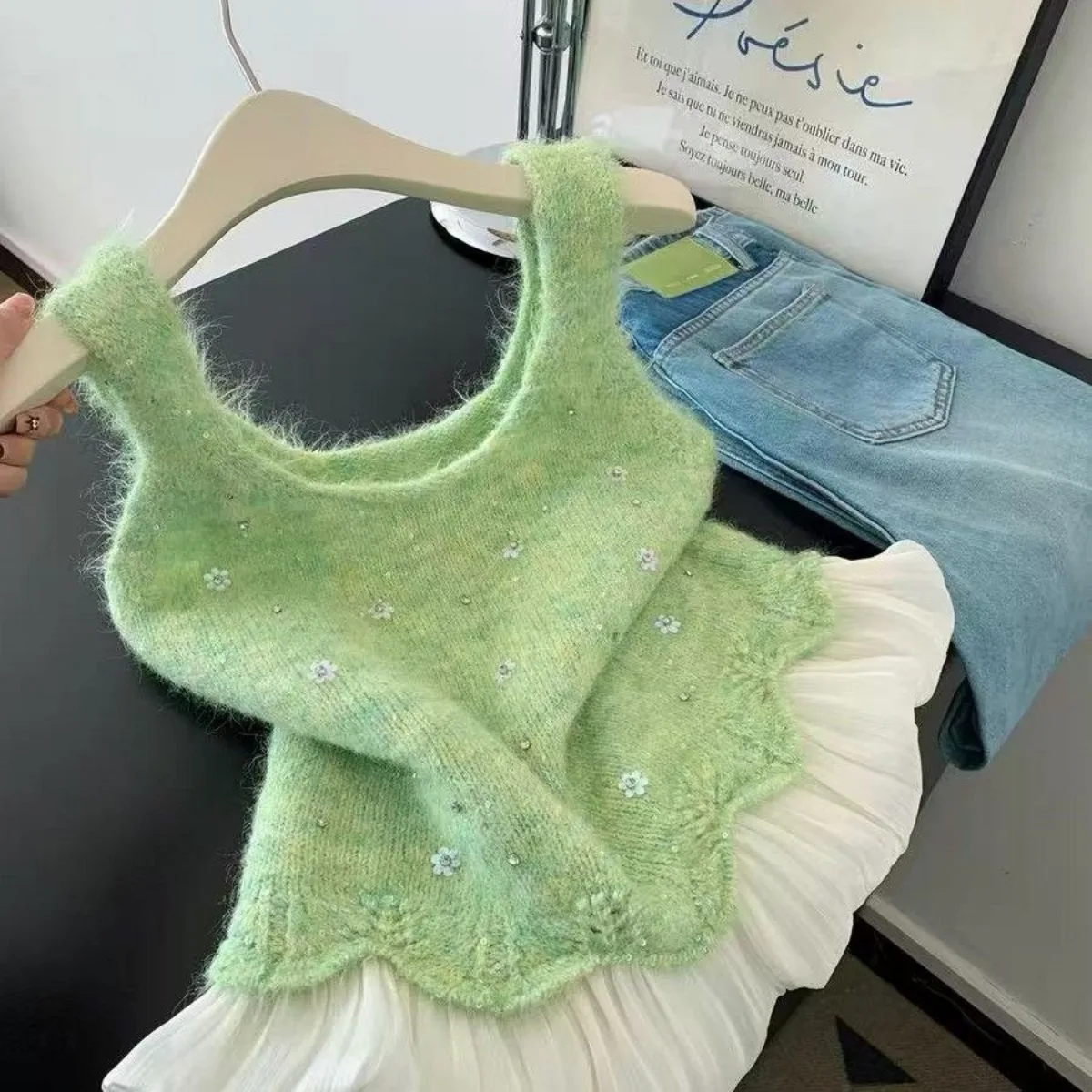 

Spring Autumn Green Ruffled Patchwork Knit Vest Women's Knit Tank Top New Sequined Short Sleeveless Top Vintage Sweater Crop Top