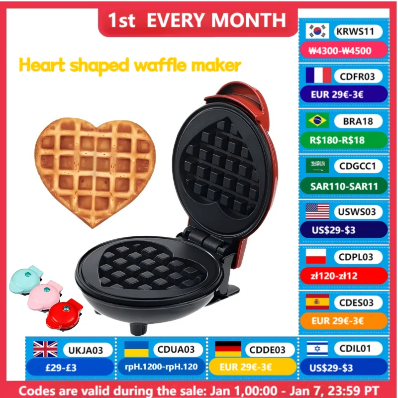 Multi Functional Mini Heart-shaped Waffle Maker, Double-sided Heated Breakfast Toaster, Portable Baking Machine