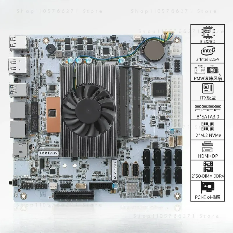 8-Bay NAS Motherboard Onboard i5-8265UES, 8×SATA3.0 + Dual M.2 NVMe + Dual Channel DDR4