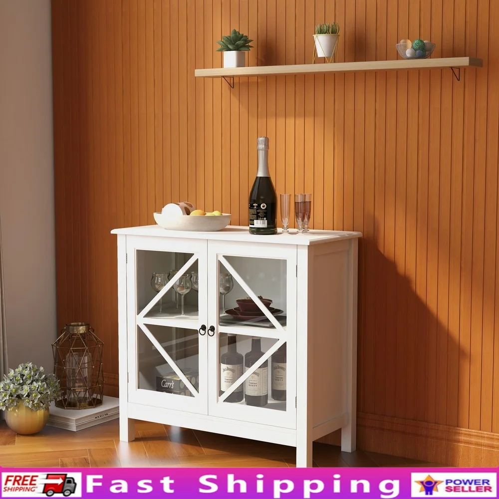 

Elegant Sideboard Cabinet Display Buffet Storage with Diamond Glass Doors and Antique Handles Kitchen Living Room Bedroom