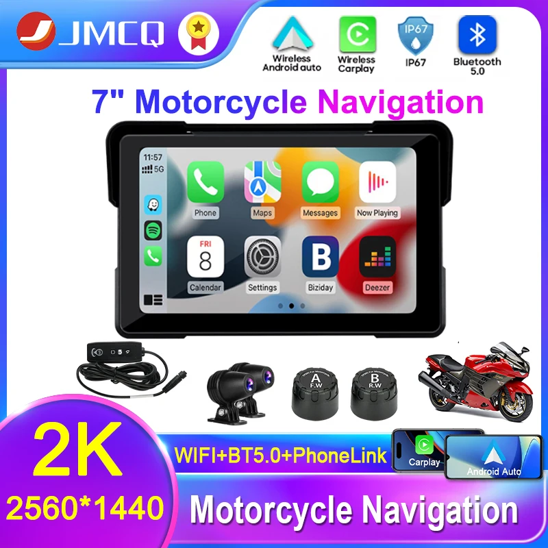 JMCQ 7 inch IP67 Waterproof Motorcycle Navigation Support Wireless Carplay&Android Auto Monitor WIFI With Dual DVR Camera