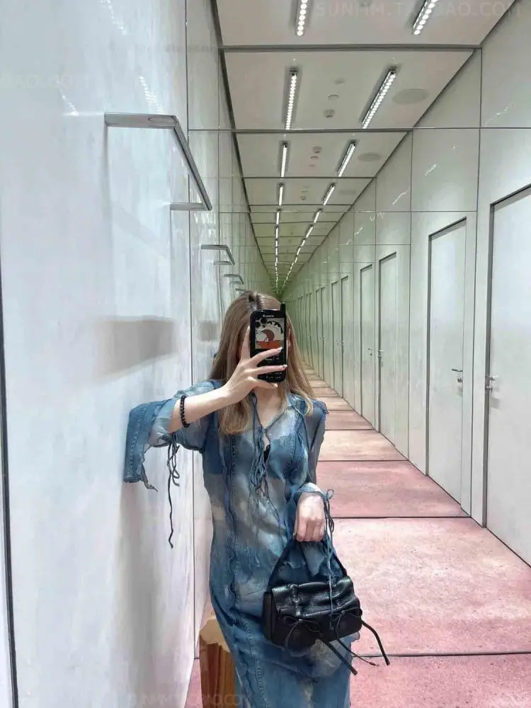 Yedinas Sexy See Through Dress Women Mesh Blue Korean Fashion Vintage Mid-calf Transparent Female Dresses Long Sleeve Retro Chic