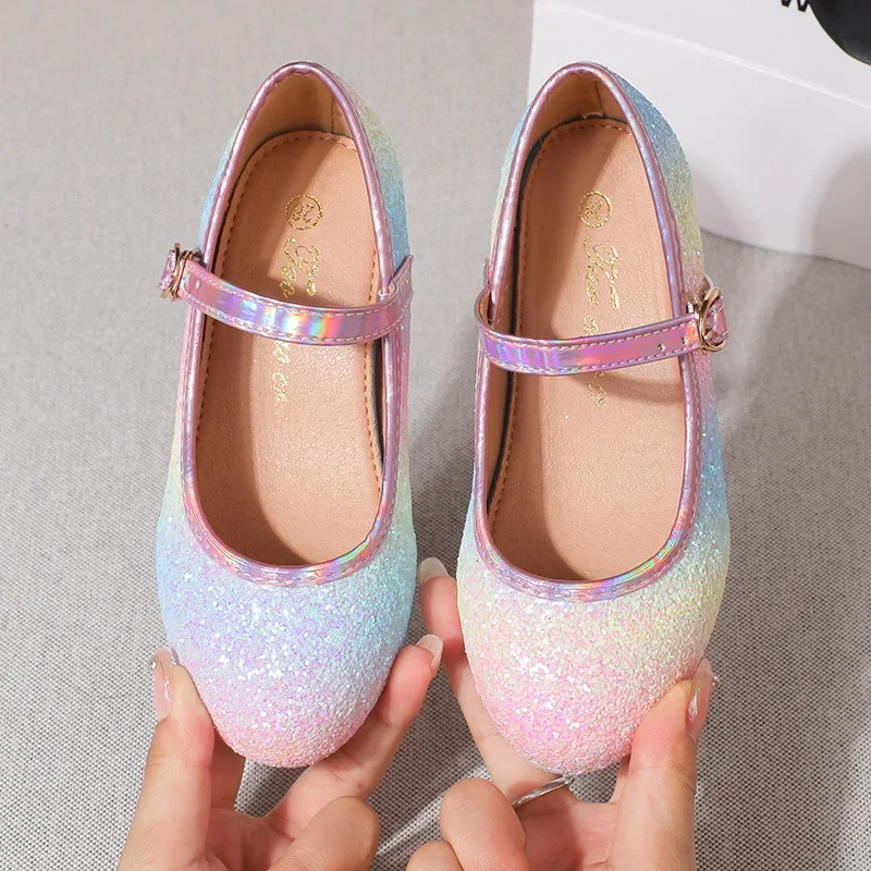 

Spring Autumn Princess High-heels Fashion Glitter Kids Party Wedding Leather Shoes for Girls Sequins Children Dance Single Shoes