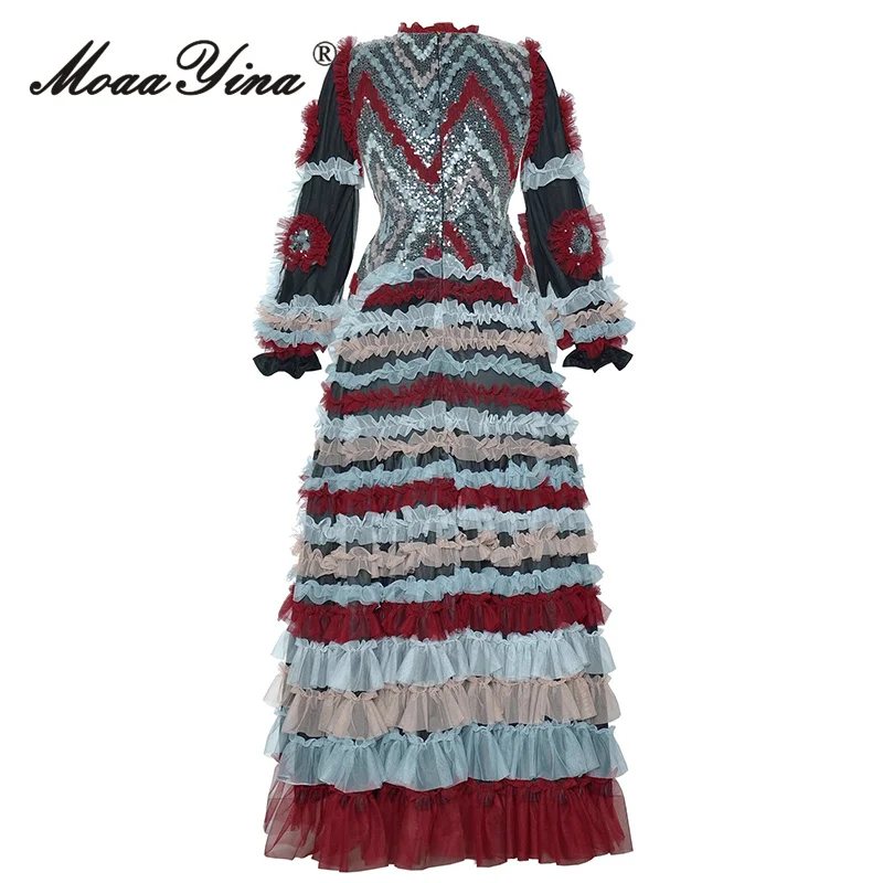 تنورة MoaaYina برقبة دائرية وأكمام فانوس شبكية مطرزة بحافة مكشكشة فستان طويل عصري لخريف 2025 #3