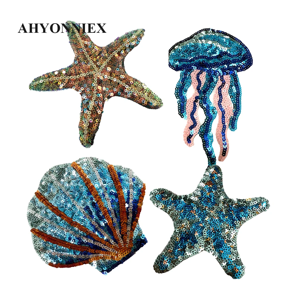 

Высококачественная нашивка с блестками, синяя, золотая, морская звезда, медуза, ракушки, модная блестящая нашивка для одежды, пришивная аппликация «сделай сам»