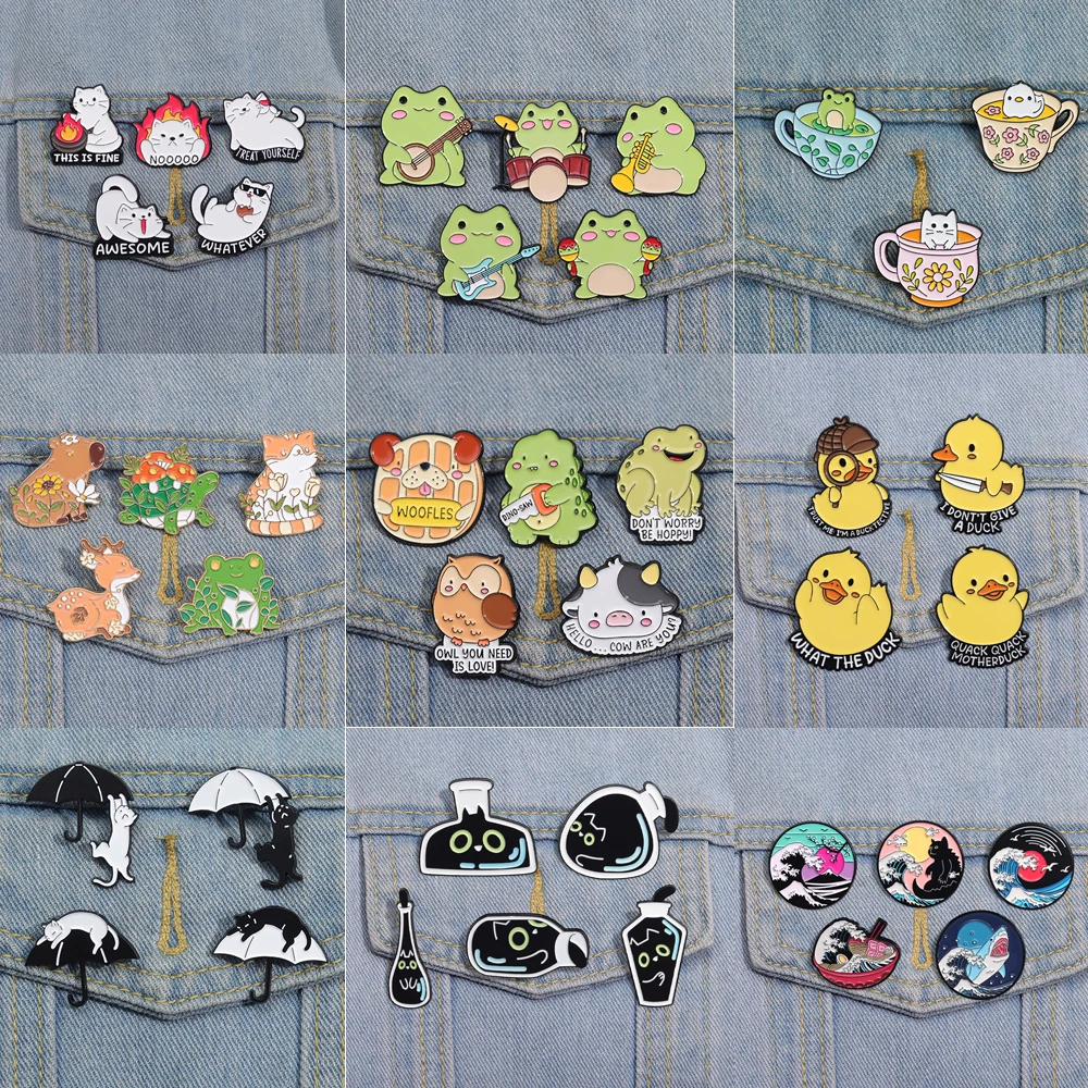Broche de Animal lindo para ropa, botella de paraguas de llama de vino tinto, Gato Negro, música, Rana, taza, flor, Tortuga, pato, insignia, pines de solapa, 4-5 piezas