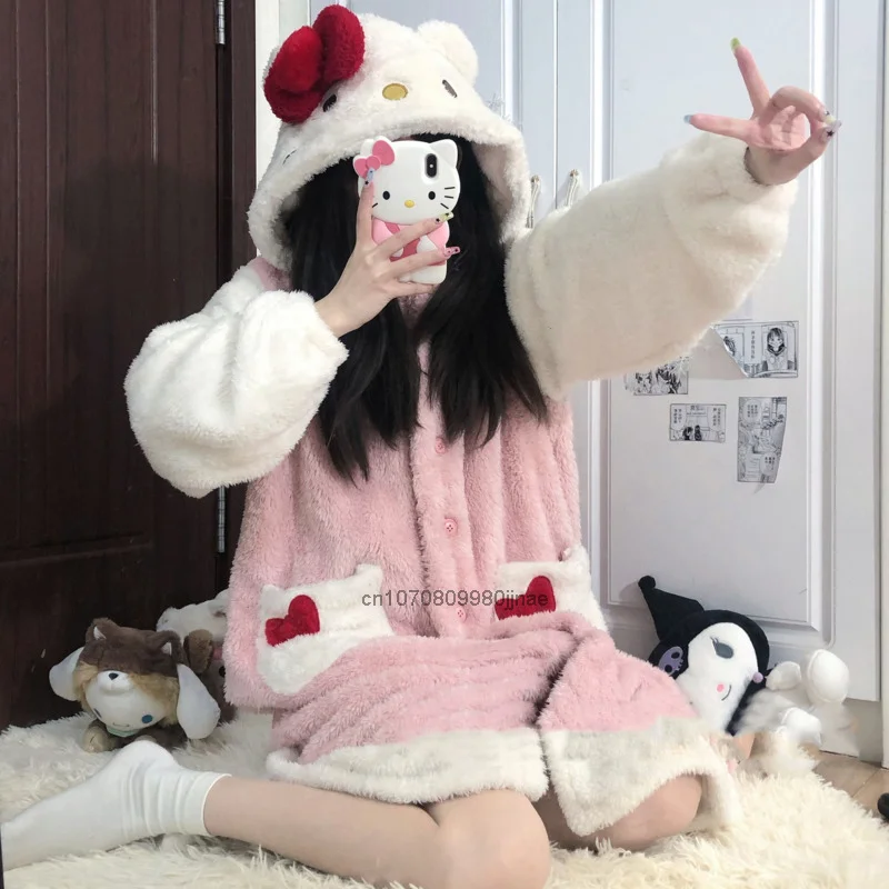 Sanrio Hello Kitty Plush Pajamas Y2k Girl Winter Cute Clothes Nightgown Thicked Soft Robe Women Coral Skirt Warm Home Coat