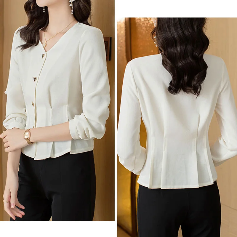 Fashion French Small Waist White Shirt for Women 2023 Autumn V-Neck Intellectuality Single Breasted Long Sleeved Apricot Blouses