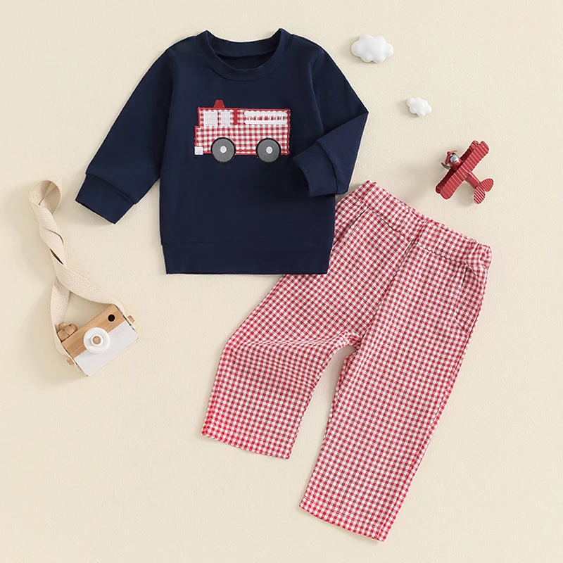 Toddler Baby Boy FireTruck Outfit Fire Truck Sweatshirt Top Red Gingham Pants Set 2Pcs Birthday Fall Winter Clothes