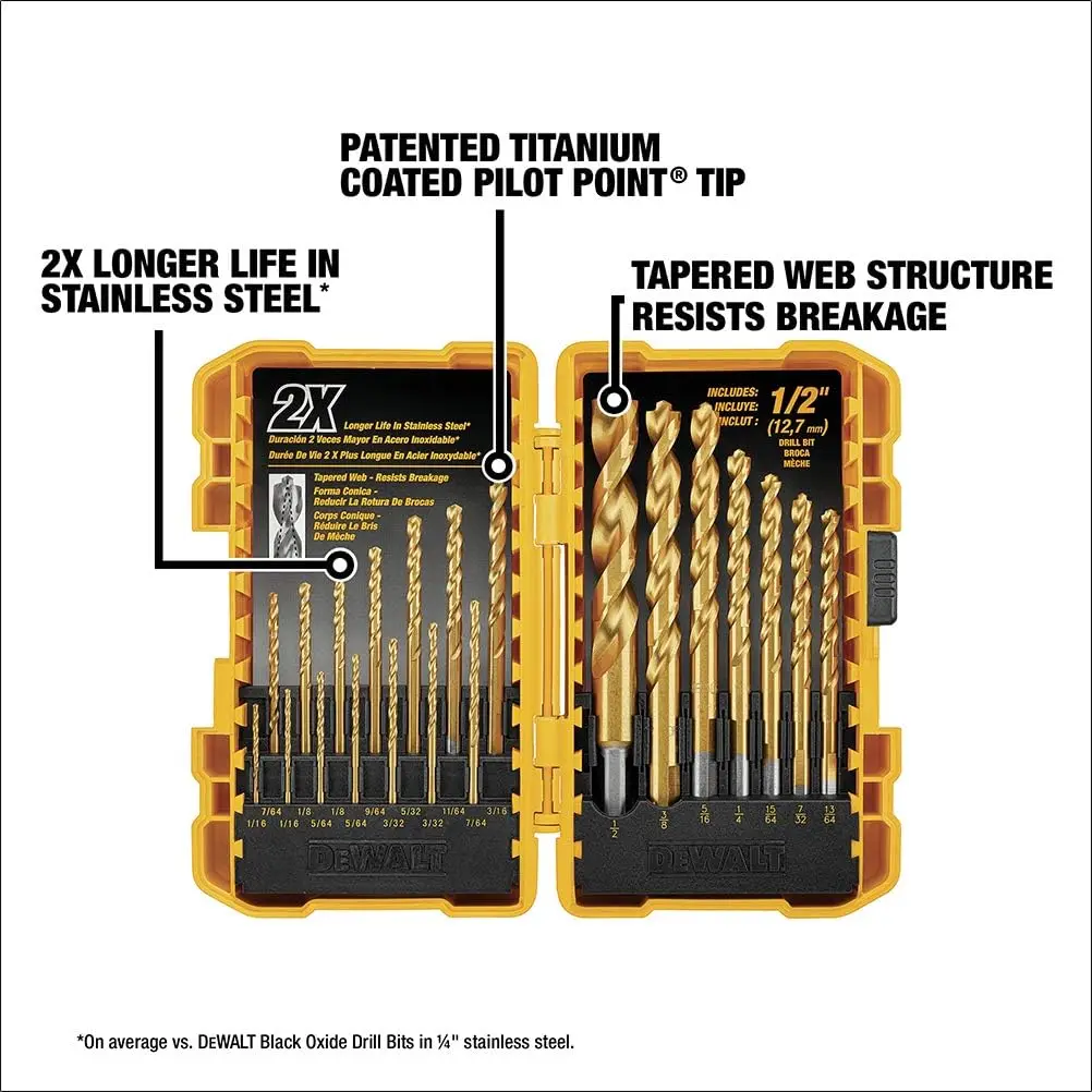 DEWALT DW1361 Набор титановых сверл из 21 предметов, пилотная точка, деревообработка, металлообработка, спиральные сверла из быстрорежущей стали,