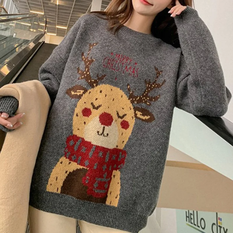 Women Autumn and Winter New Crew Neck Pullover Sweater Christmas Series Printing Splicing Loose Casual Warm Long-sleeved Tops