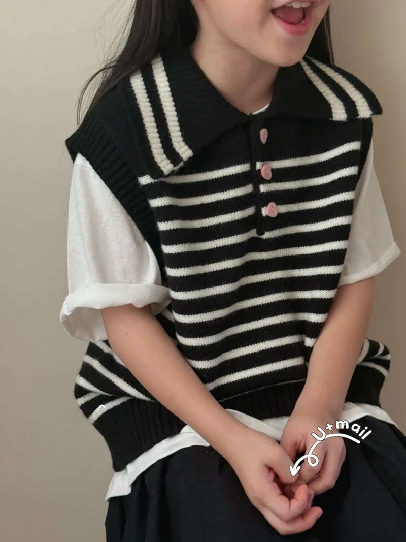 pola-u-girls-knitted-woolen-vest-striped-collar-jacket-soft-comfortable-long-sleeve-korean-style-children's-clothing-for-autu