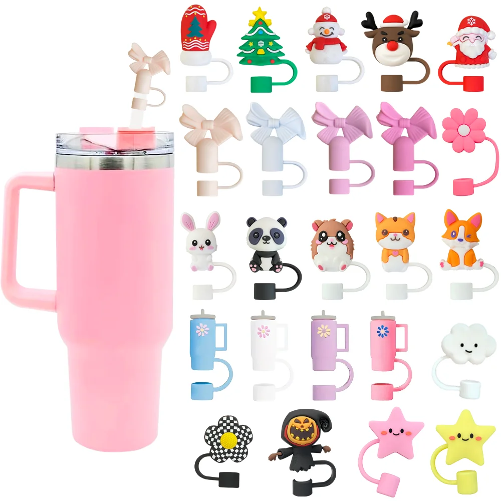 

10mm Silicone Straw Covers Cap Compatible with Stanley 30&40 Oz Tumbler,Christmas Bow Animal Flower beautiful cute Straw Toppers